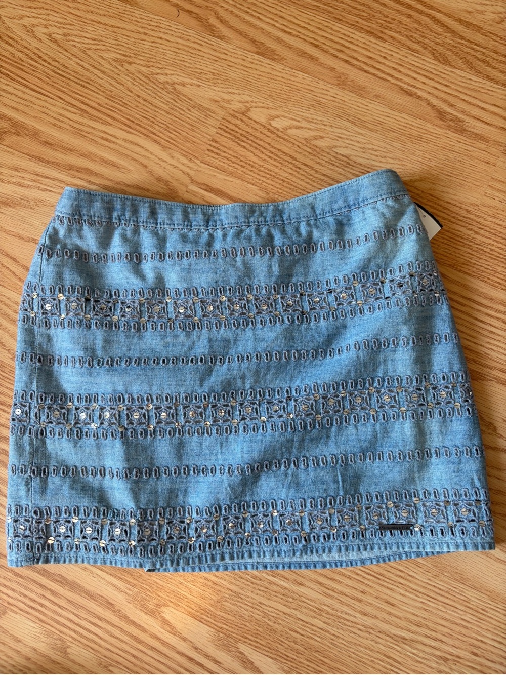 Y2K vintage Abercrombie Denim Sequin Embroidered Eyelet Mini Skirt
